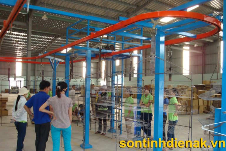 Vòng ray xích tải màu cam trên khung thép xanh, công nhân treo móc áo kim loại lên các giá treo nhiều tầng bên dưới