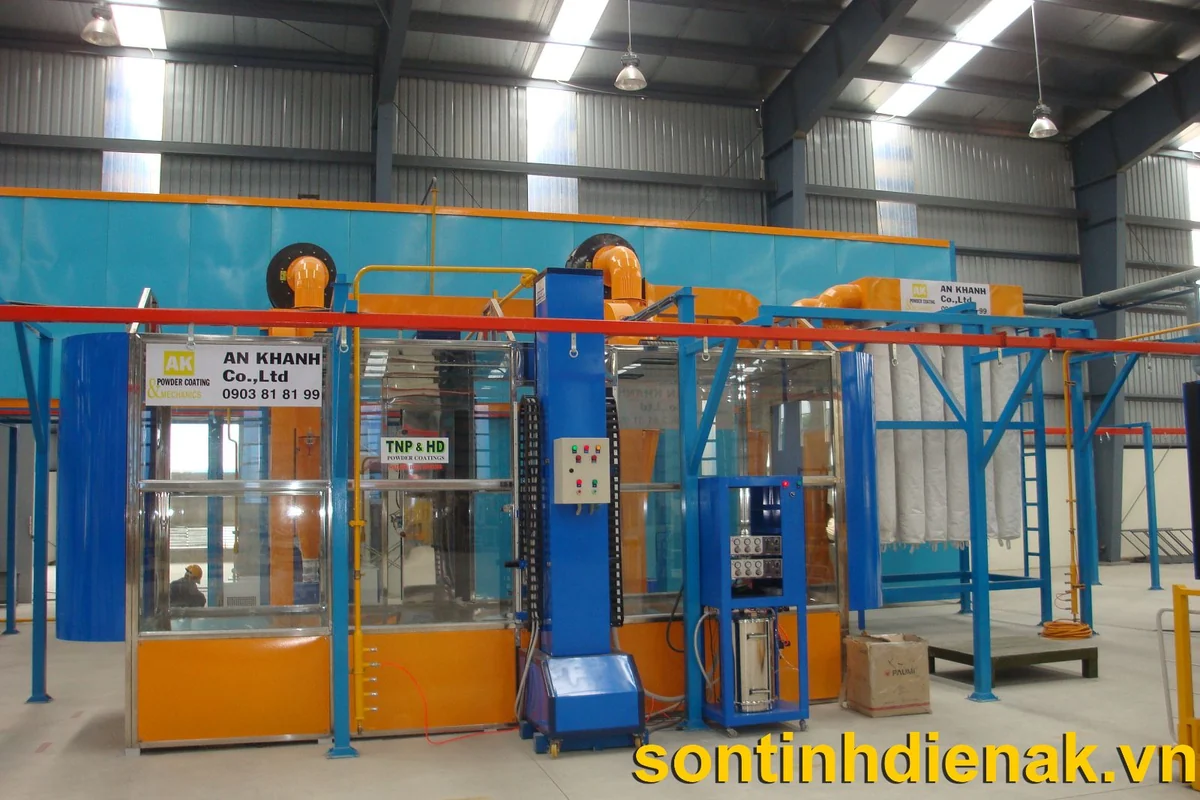 Buồng phun tự động An Khanh với tủ điều khiển súng, thùng chứa bột và dàn túi lọc thu hồi bên cạnh