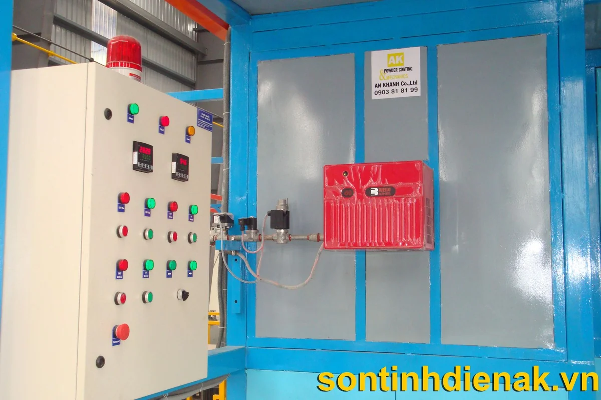 Tủ điều khiển nhiệt và đầu đốt gas Riello gắn trên vách lò sấy An Khanh