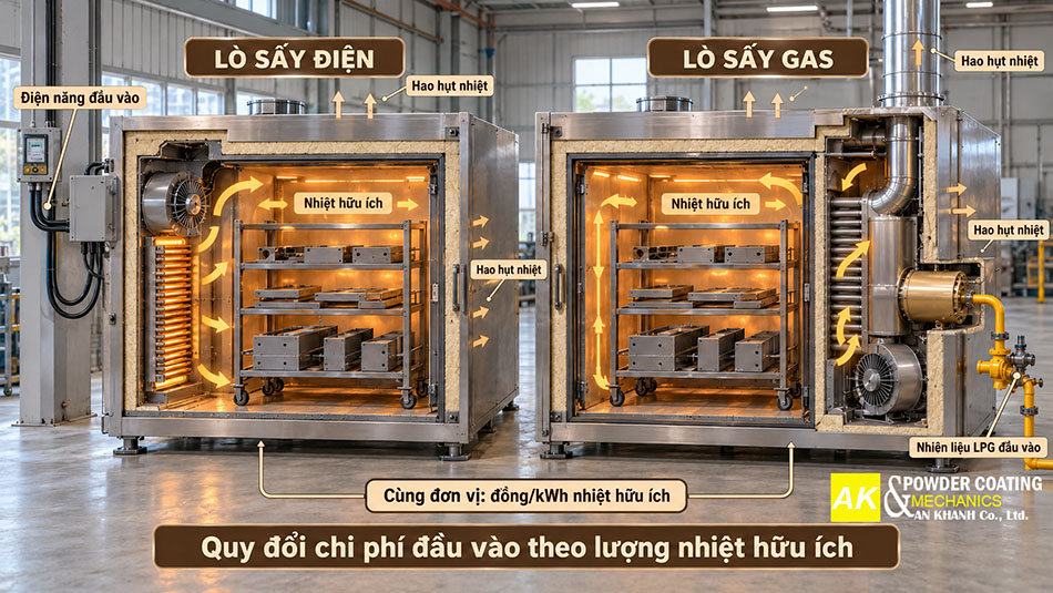 quy đổi chi phí giữa lò sấy sơn tĩnh điện dùng gas và dùng điện