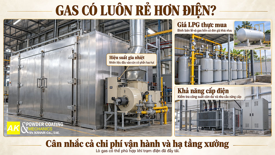 Lò sấy sơn tĩnh điện dùng gas có rẻ hơn điện ?