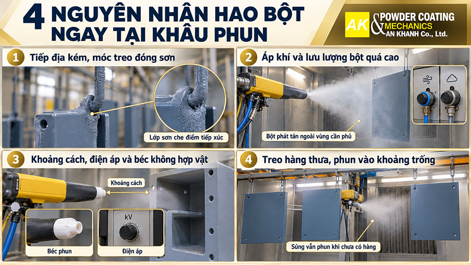 trình tự khắc phục hao bột sơn tại xưởng: hiệu chỉnh vận hành, đo lại kết quả và đánh giá thiết bị nếu chưa đạt.