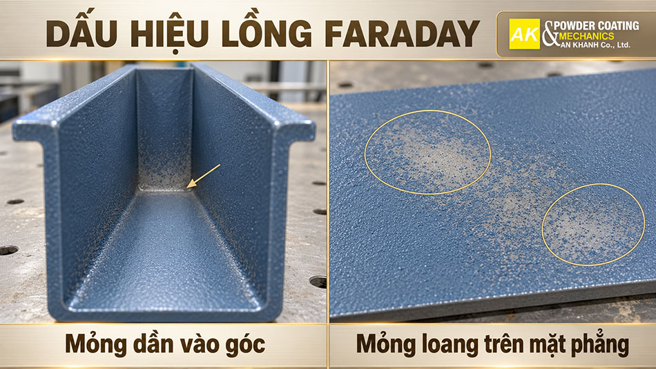 So sánh sơn mỏng dần vào hốc sâu với các vùng thiếu phủ loang trên mặt phẳng kim loại.