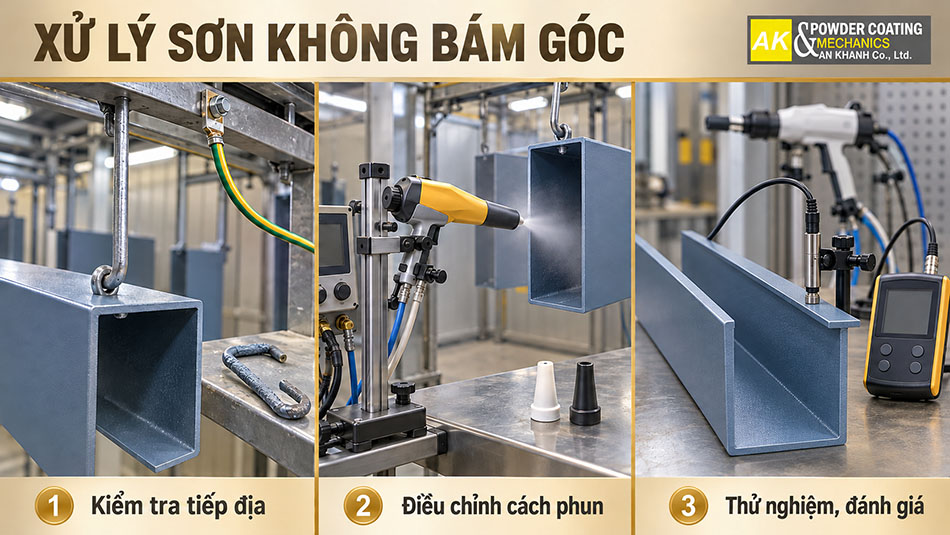 Trình tự kiểm tra tiếp địa, điều chỉnh cách phun và thử nghiệm khắc phục sơn không bám góc.