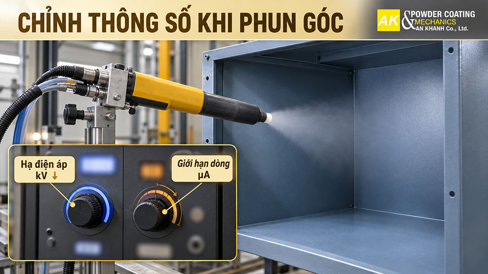 Súng phun sơn tĩnh điện hướng vào hốc sâu, kèm bộ điều khiển điện áp kV và giới hạn dòng µA.
