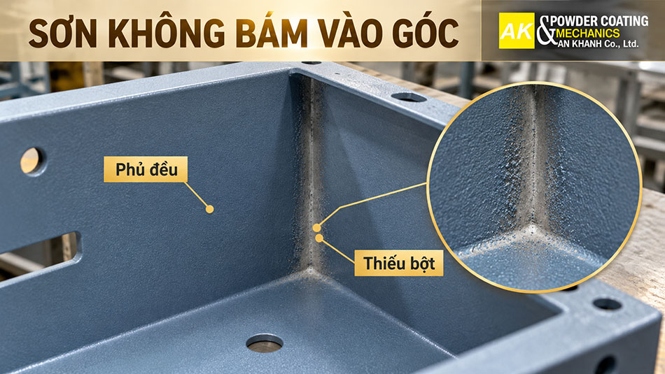 Cận cảnh sơn tĩnh điện phủ đều mặt ngoài nhưng thiếu phủ tại góc trong của chi tiết kim loại.