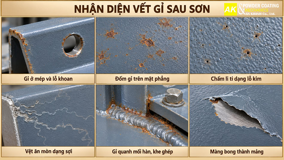 Sáu dạng hư hỏng sau sơn tĩnh điện: gỉ mép và lỗ khoan, đốm gỉ, lỗ kim, ăn mòn dạng sợi, gỉ mối hàn và bong màng.